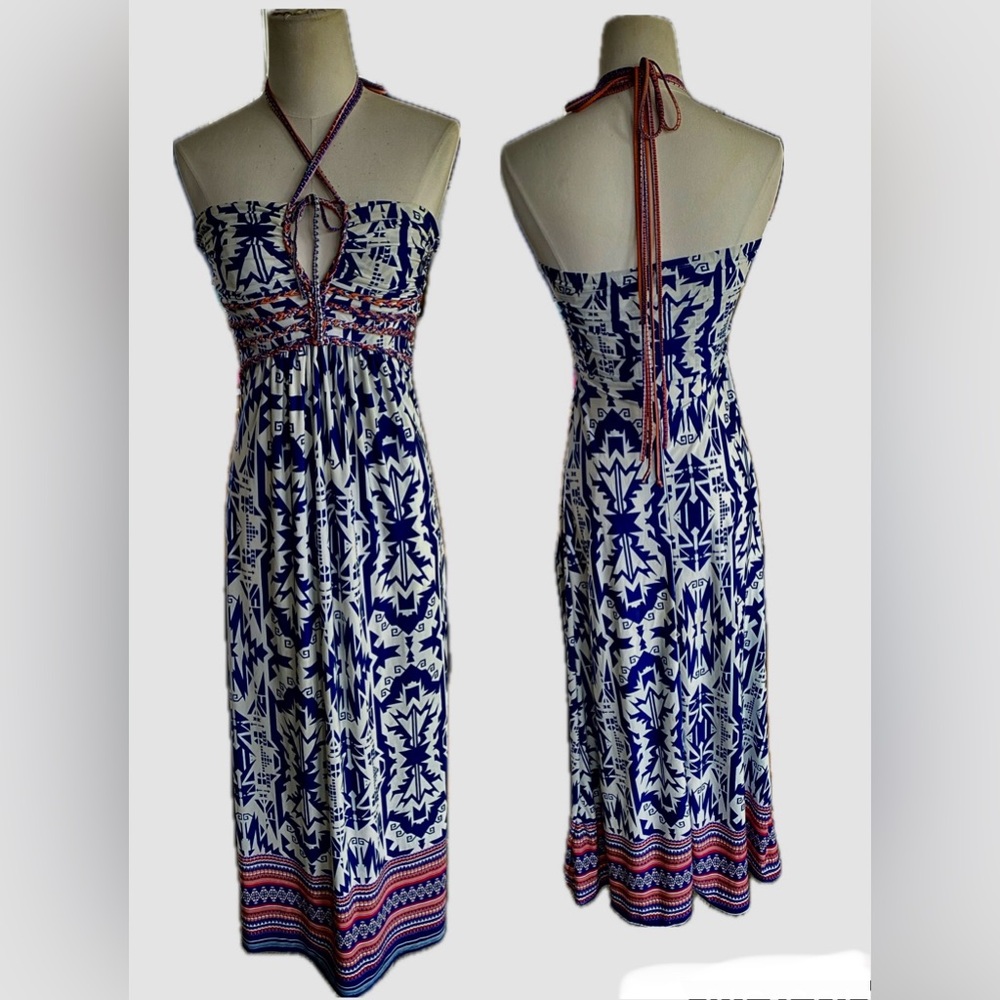 Mandarin Blue Resortwear Ikat Bloom Blue & White Halter Maxi Dress halter tie